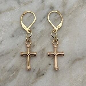 Handmade Earrings Gold Toned Cross Leverback Hypoallergenic #